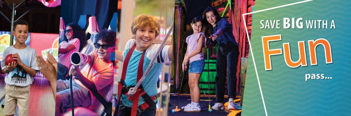 Fun Pass includes access to multiple attractions some shown in the image. Banner image used for Fun Pass webpage.