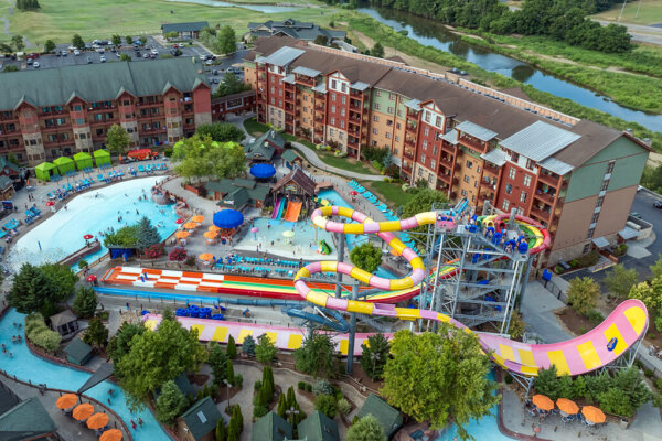 Lake Wilderness aerial image of the outdoor waterpark on a beautiful sunny day. Featured gallery image for waterpark webpage.
