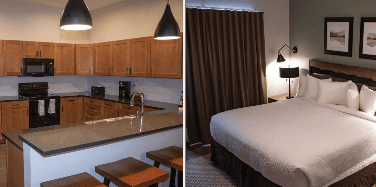 deluxe villa kitchen and bedroom