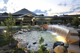 waterfall feature outside of the stone hill lodge entrance