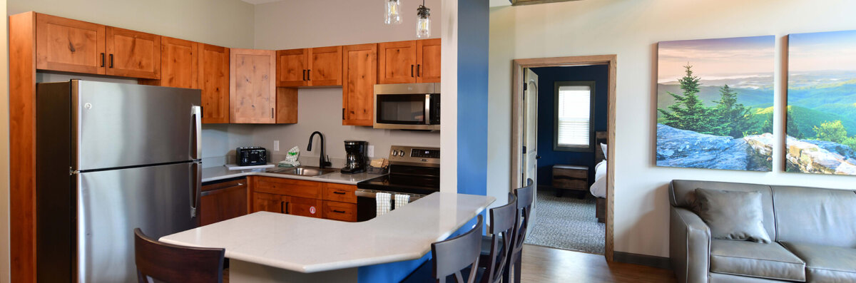 4 bedroom mountainside cabin kitchen and living room