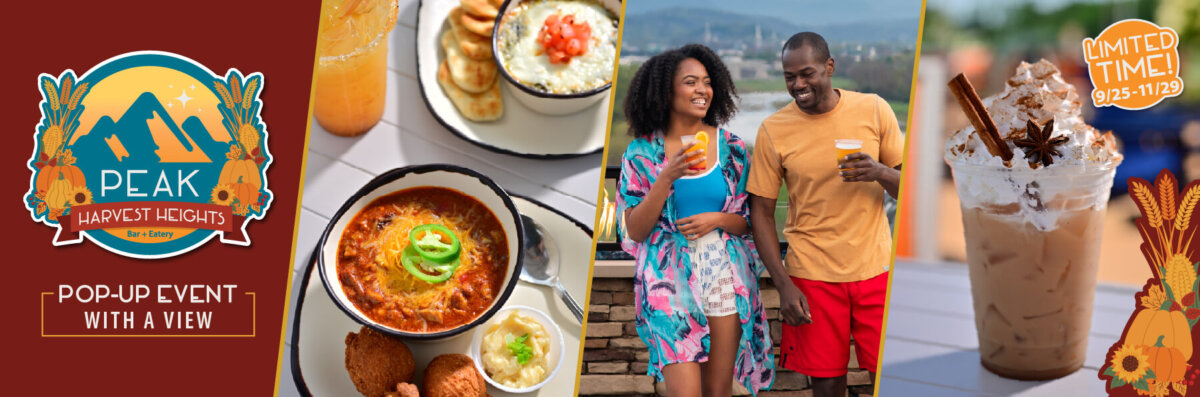 Peak Harvest Heights banner for the website, featuring dishes and a couple at the Peak at Wilderness at the Smokies.