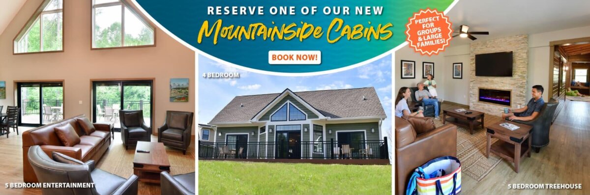 Reserve one of our new Mountainside Cabins. Perfect for Groups & Large Families! We have 4 Bedroom Cabin, 5 Bedroom Entertainment Cabin, and 5 Bedroom Treehouse Cabin.