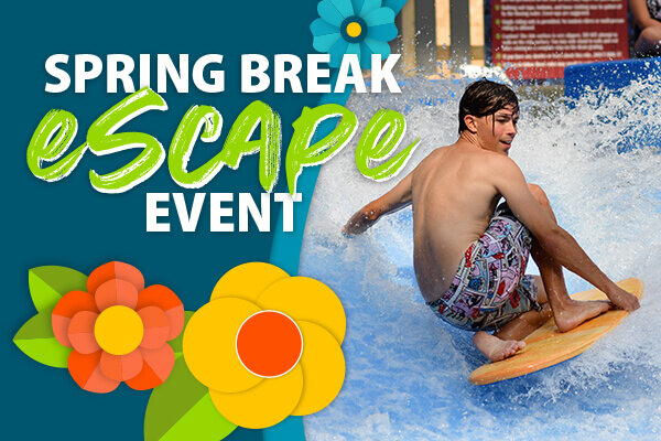 Spring Break Escape Event promotion with rates from $154, featuring a guest riding a FlowRider wave at an indoor waterpark.