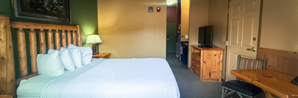 Accessible Family Suite banner image for room page. Shows a single bed with a TV and a kitchen area.