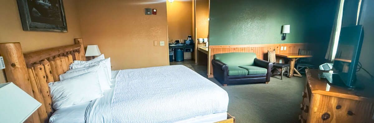 Accessible Family Suite banner image for room page. Shows a single bed with a TV, a couch, and a kitchen area.