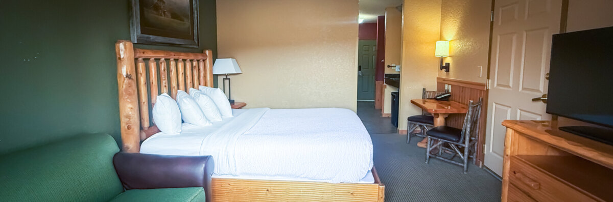 Family Suite banner image for room page. Shows a single bed, a couch, a TV, and a kitchen area.