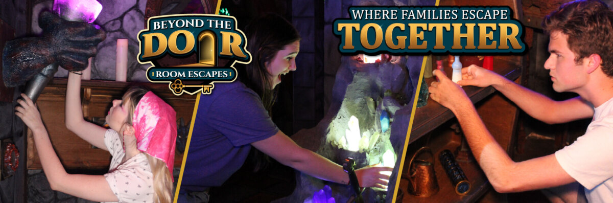 Beyond the Door attraction page banner. Shows logo with two girls and a guy in the escape rooms. Includes the text Where Families Escape Together.