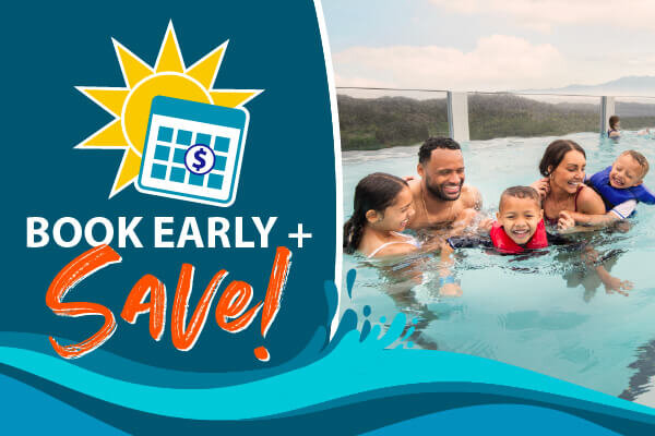 “Book Early & Save!” graphic with outdoor park view of Wilderness at the Smokies attractions.
