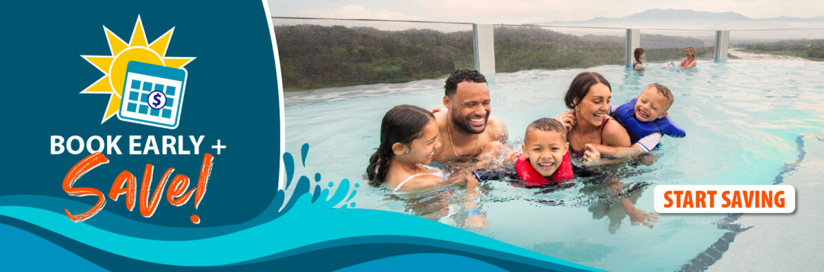 “Book Early & Save!” graphic with outdoor park view of Wilderness at the Smokies attractions.