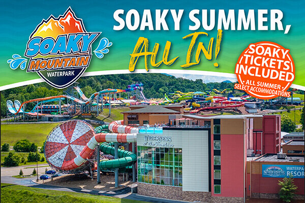 “Soaky Summer, All In!” graphic with aerial view of Soaky Mountain Waterpark slides and attractions.
