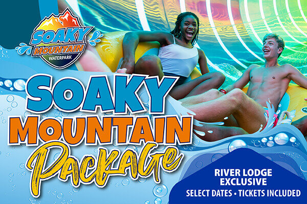 Guests ride inflatable tubes through a brightly lit water slide promoting the Soaky Mountain Package with River Lodge exclusive ticket details.