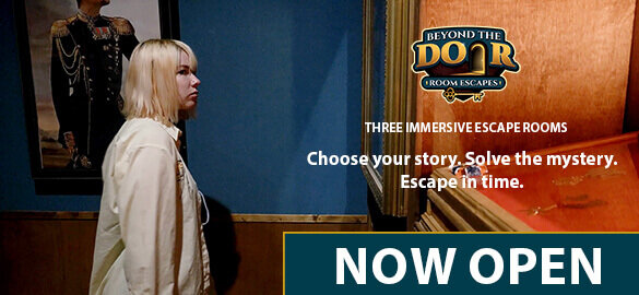 Beyond the Door Room Escapes Featured carousal banner Image. Shows a girl in an escape room. The text 