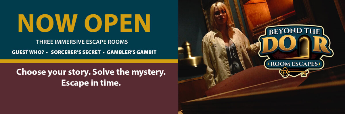 Beyond the Door Room Escapes banner Image. Shows a girl in an escape room. The text 
