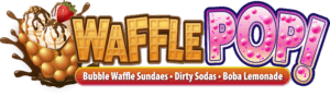 Logo for Waffle Pop! at Wilderness at the Smokies, featuring a vibrant illustration of a bubble waffle sundae topped with vanilla ice cream, chocolate drizzle, and a strawberry. The text "WAFFLE" is styled with a golden waffle texture, and "POP!" is bright pink with a bubbly boba pattern. A red banner below lists "Bubble Waffle Sundaes • Dirty Sodas • Boba Lemonade."