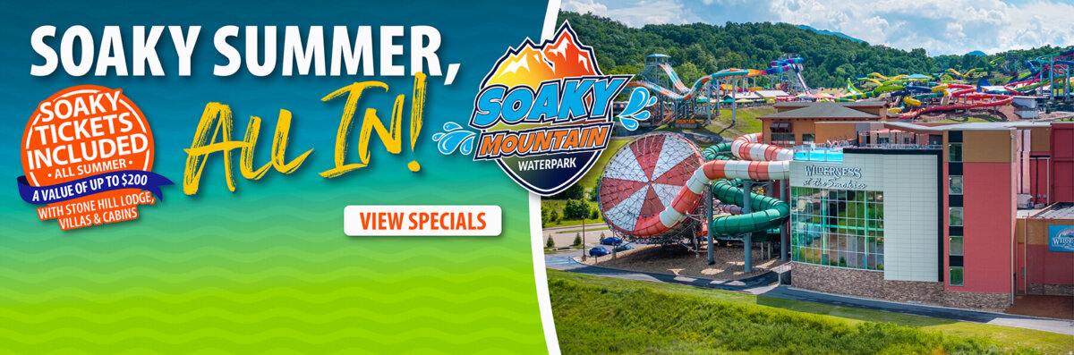 Aerial view of Soaky Mountain Waterpark featuring colorful water slides, attractions, and pools. Promotional text reads: “Soaky Summer All In!” with the Soaky Mountain Waterpark logo and a badge stating, “Soaky Tickets Included – All Summer, a value of up to $250 with Stone Hill Lodge Villas & Condos.”