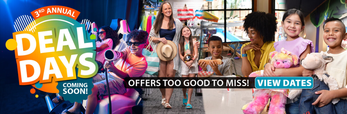 Families shopping, dining, and playing at Wilderness at the Smokies promoting the 3rd Annual Deal Days. Text reads 