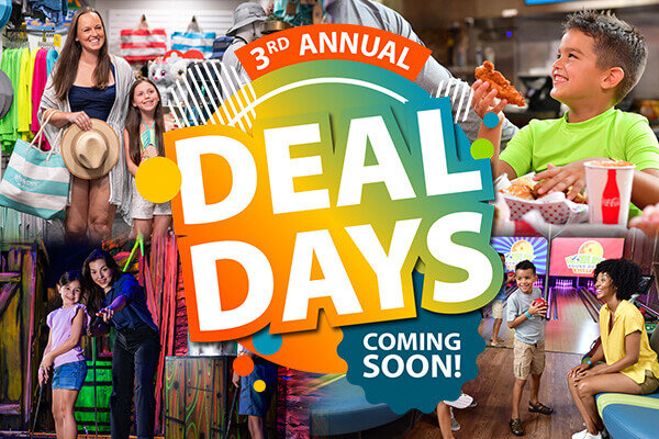 Families shopping, dining, and playing at Wilderness at the Smokies promoting the 3rd Annual Deal Days. Text reads 
