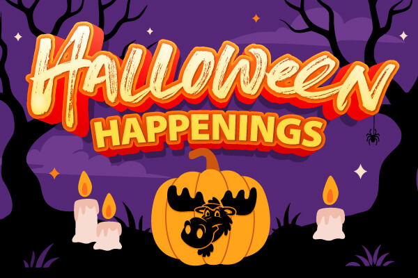 Halloween-themed graphic for Wilderness at the Smokies featuring the resort logo, “Halloween Happenings” text, and illustrated pumpkins, bats, a spider, candles, and spooky trees against a purple background.